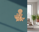 Decorative MDF DIY wall art of a deity on a tiger on a teal wall, with a living room in the background.
