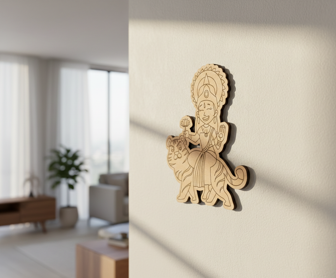 Decorative MDF DIY  wall piece of a seated figure with a lion on a beige wall.