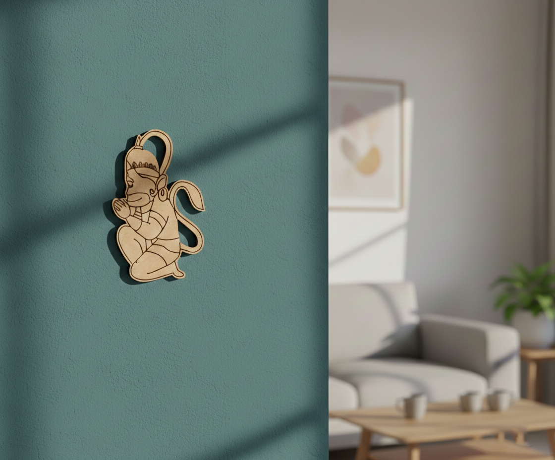MDF DIY wall art decorative item on a teal wall with a living room in the background