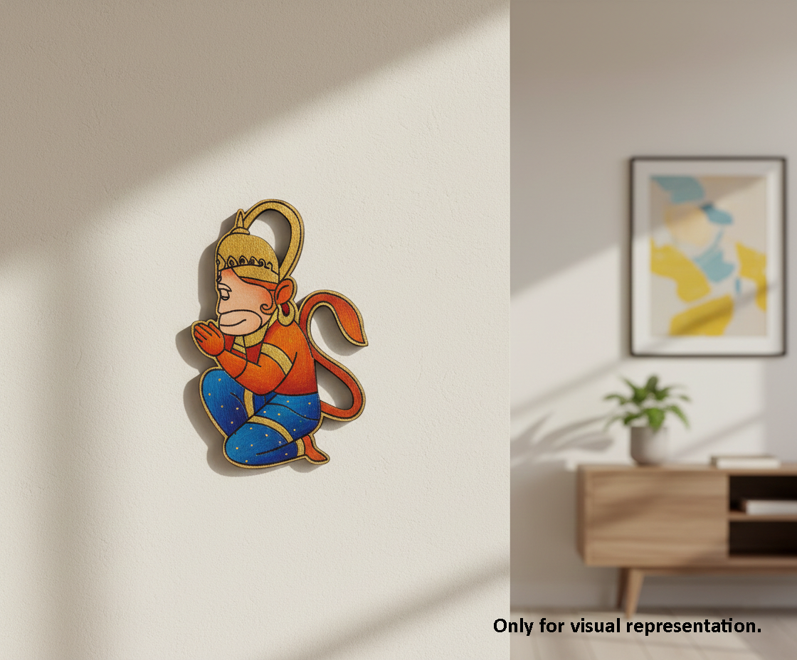 Decorative MDF DIY wall art of a hanuman in a prayer pose on a plain wall.