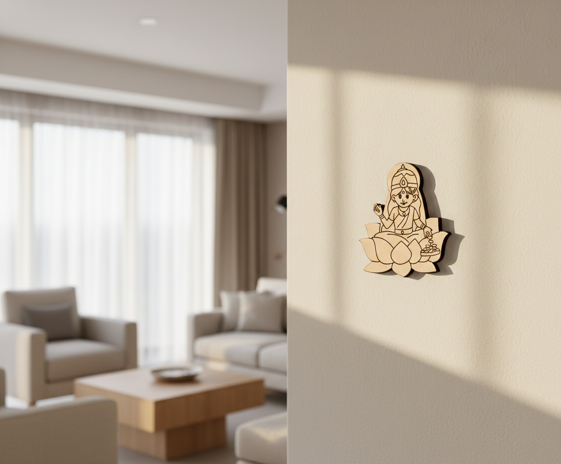 Decorative  MDF DIY  wall piece on a beige wall with a living room in the background