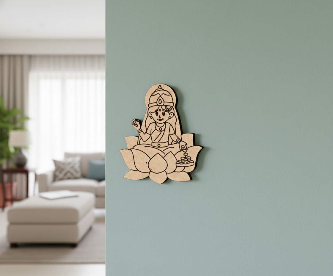  MDF DIY  wall decor of a seated figure on a lotus flower in a living room setting.