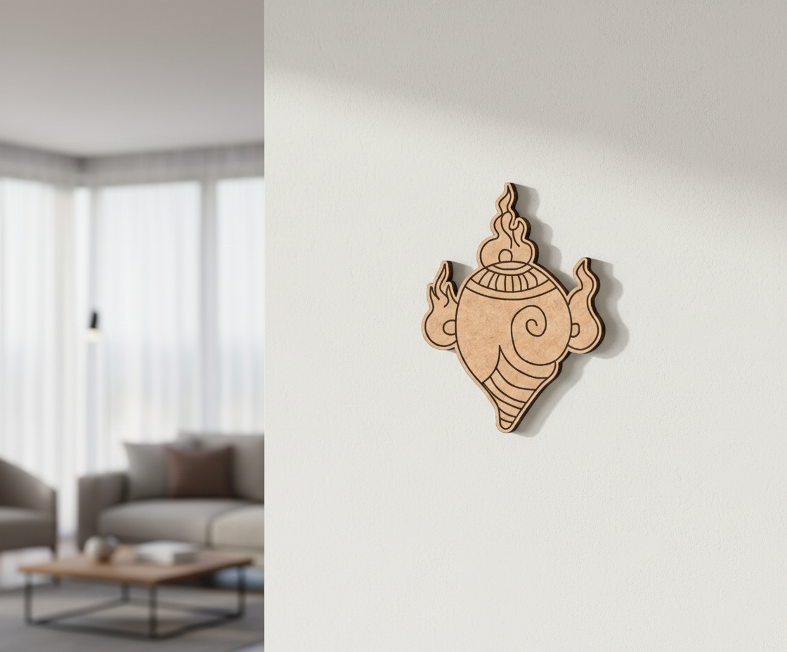 Decorative  MDF DIY  wall art on a plain wall with a blurred living room in the background