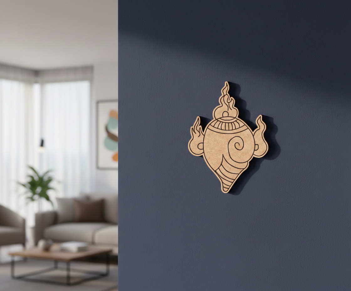 Decorative  MDF DIY wall art on a dark wall with a blurred living room in the background