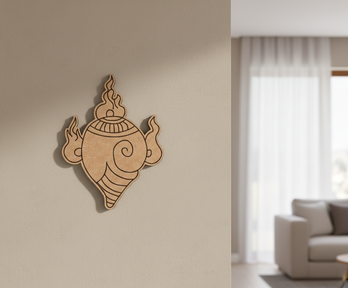  MDF DIY  wall art piece on a beige wall with a modern living room setting.
