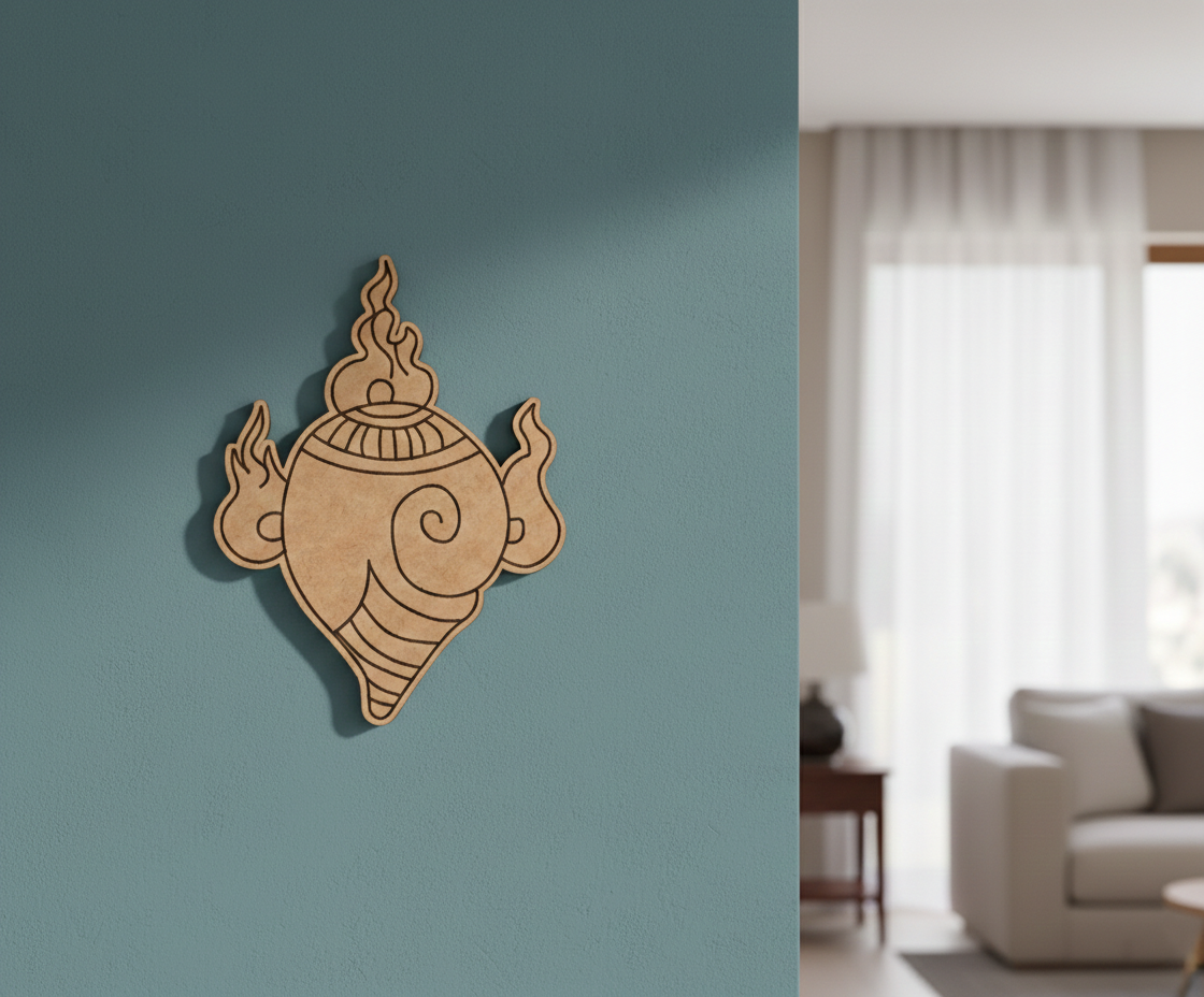 Decorative  MDF DIY  wall art on a teal wall with a blurred living room in the background