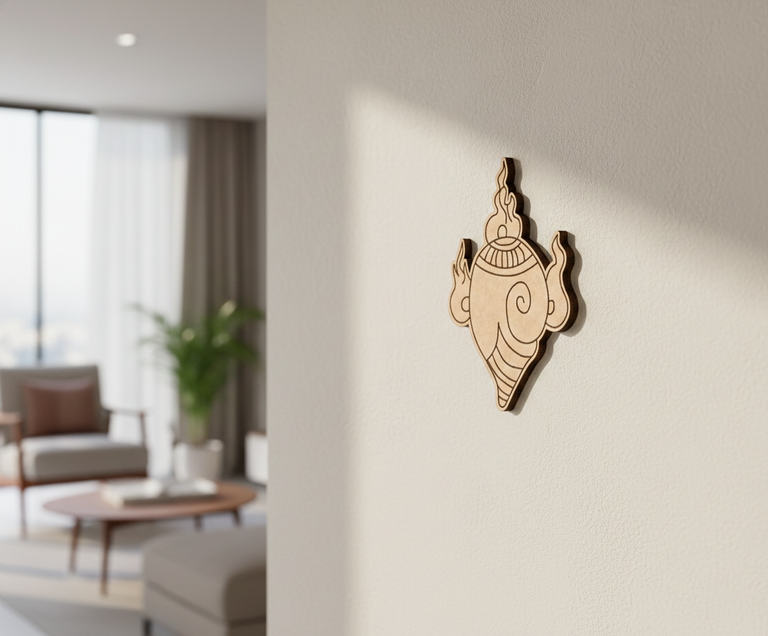 Decorative  MDF DIY  wall art of a shank on a plain wall with a blurred living room in the background.