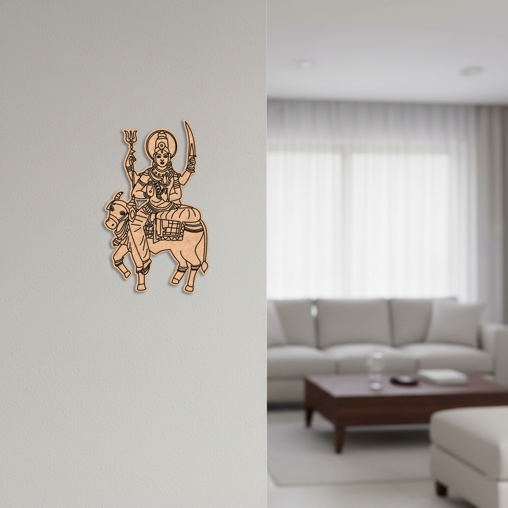  MDF DIY  wall art of a deity on a cow in a living room setting