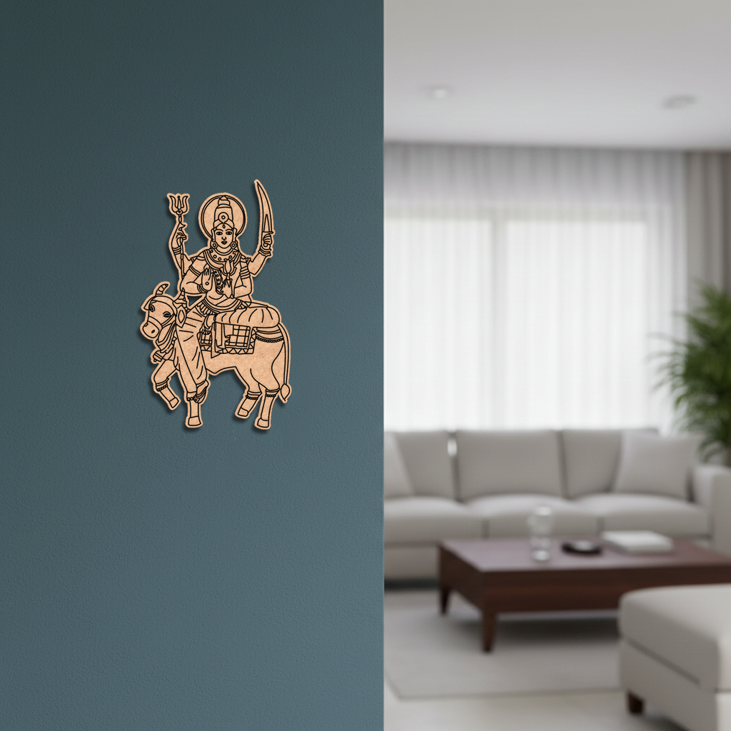 Decorative  MDF DIY wall art of a deity on an elephant in a living room setting.