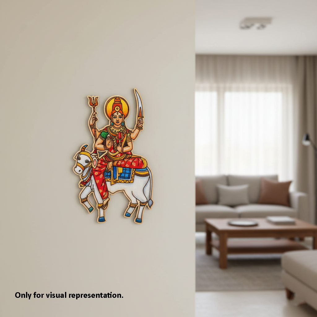 Decorative  MDF DIY wall art of a deity on a white wall with a blurred living room in the background.