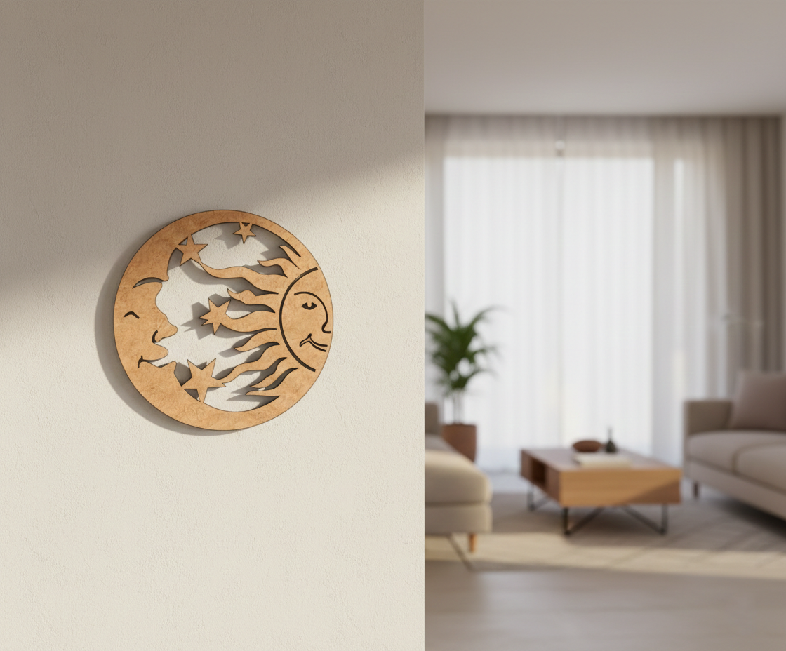 MDF DIY wall art with sun and moon design on a neutral wall in a living room.