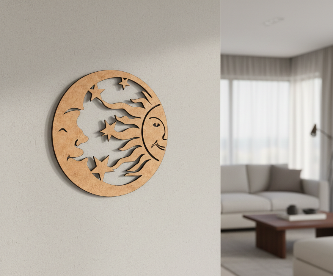  MDF DIY wall art with celestial design on a wall in a living room.