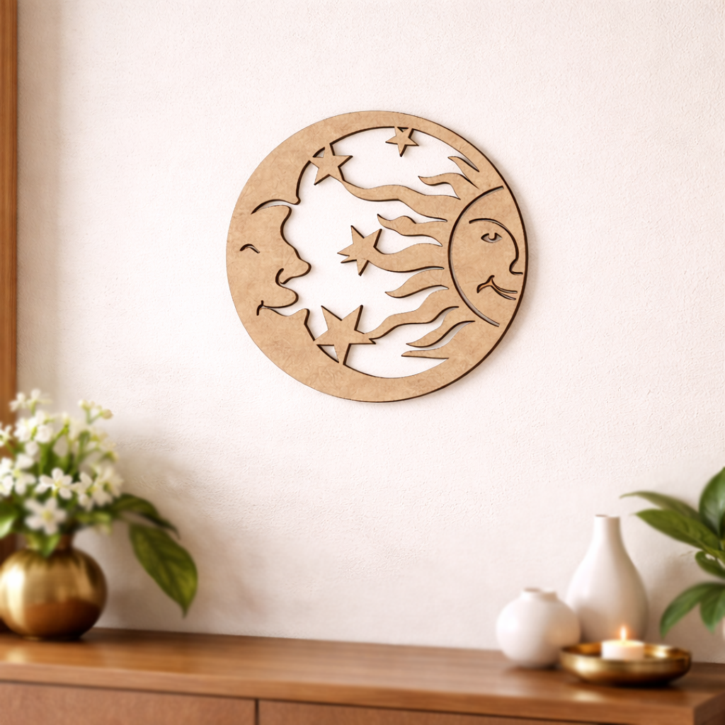  MDF DIY  wall art with sun and moon design on a white wall above a wooden console table.