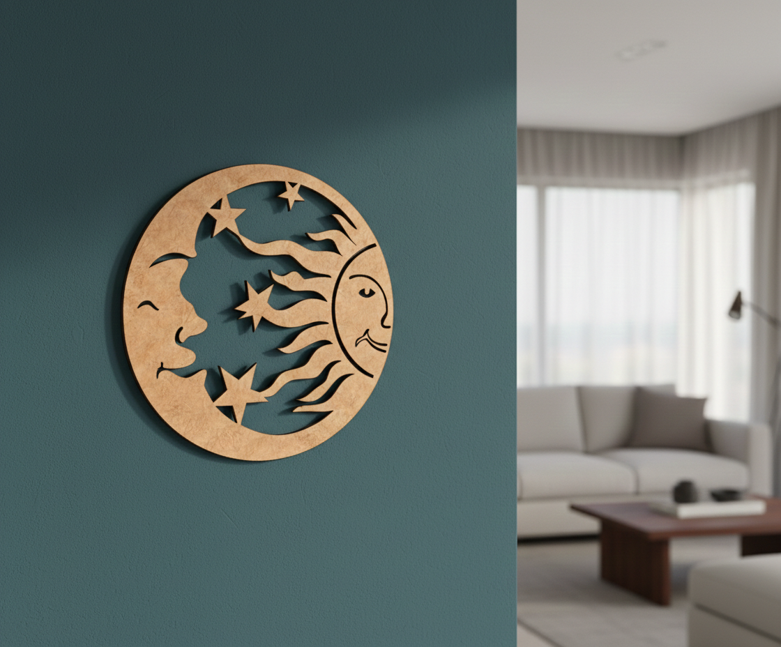 Decorative  MDF DIY wall art with celestial design on a teal wall, next to a living room with a sofa and coffee table.