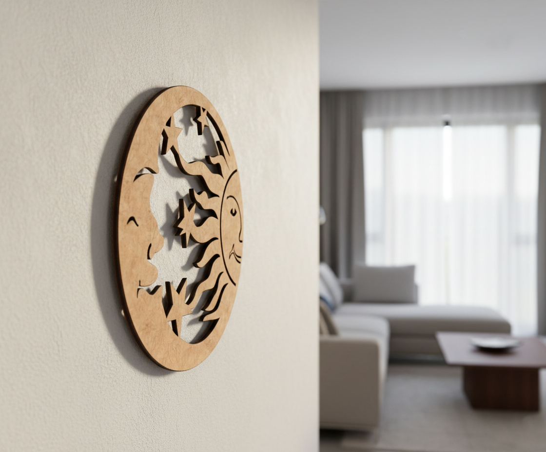 Decorative  MDF DIY wall art on a neutral wall with a living room in the background