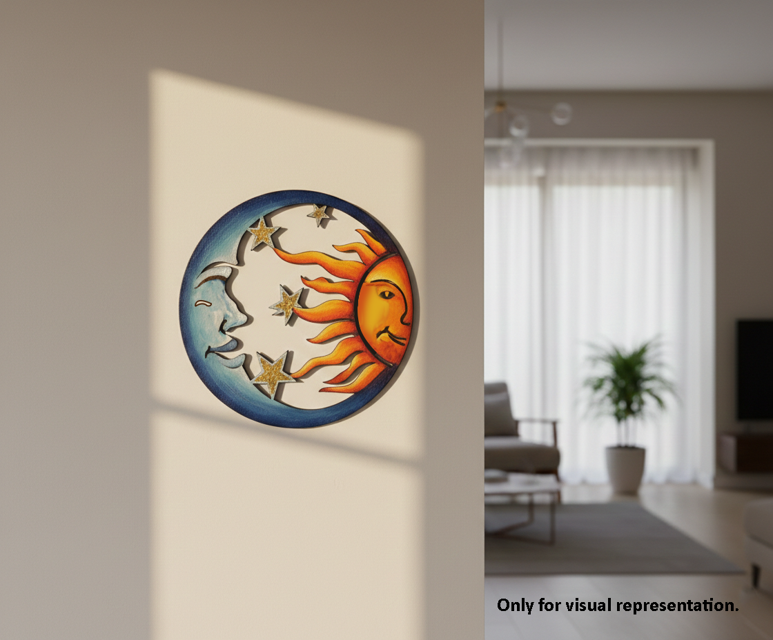 Decorative  MDF DIY wall piece with sun and face design in a living room setting