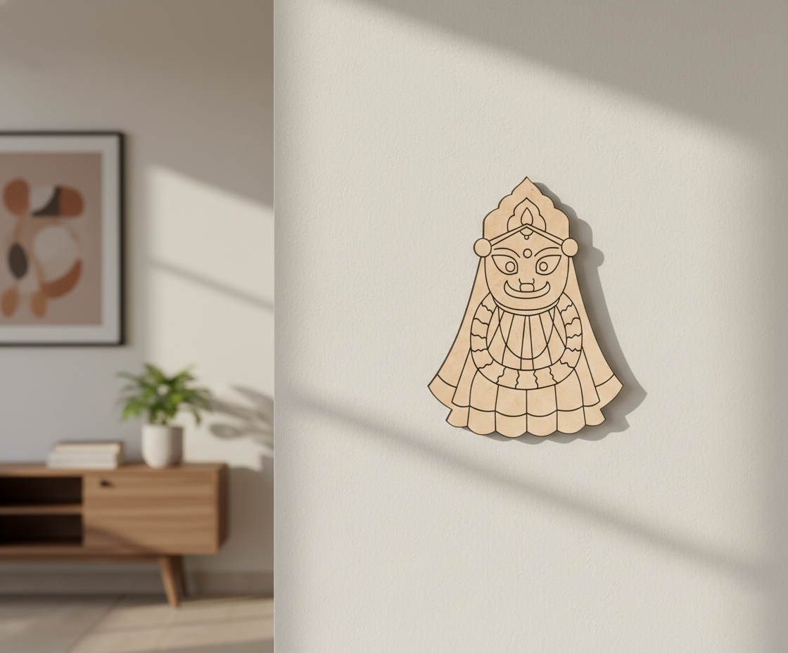  MDF DIY wall art of a stylized face with a headdress on a light gray wall.