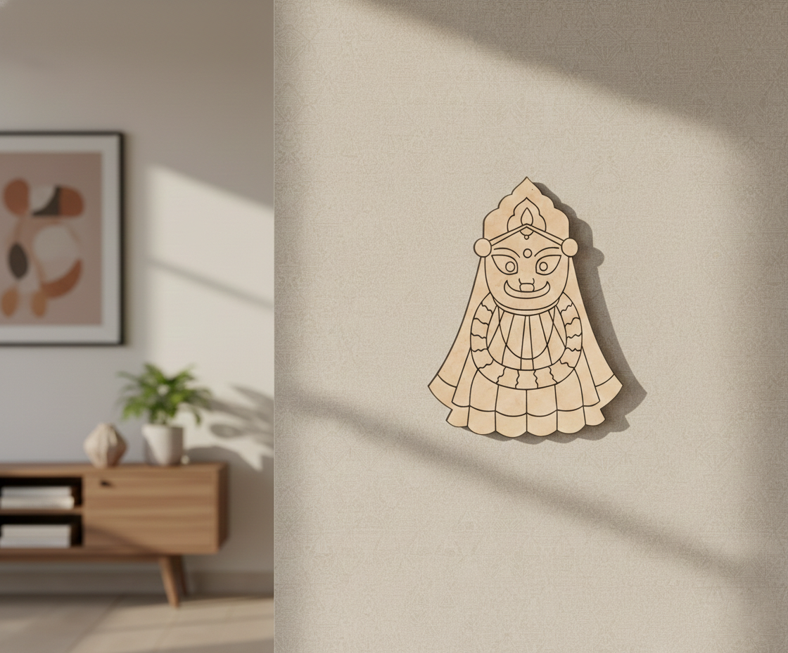  MDF DIY  wall art of a stylized face with a headdress on a beige wall.
