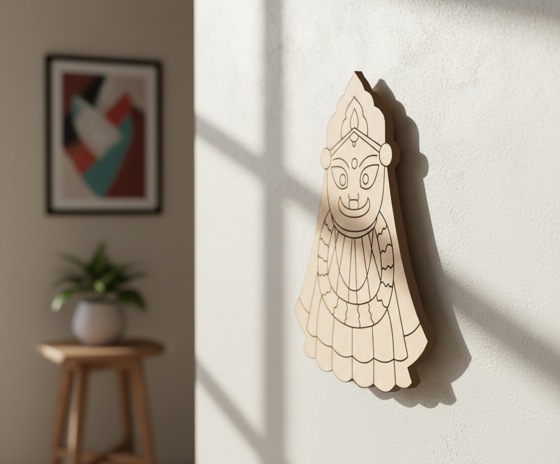  MDF DIY wall art of a face on a white wall with a plant and stool in the background