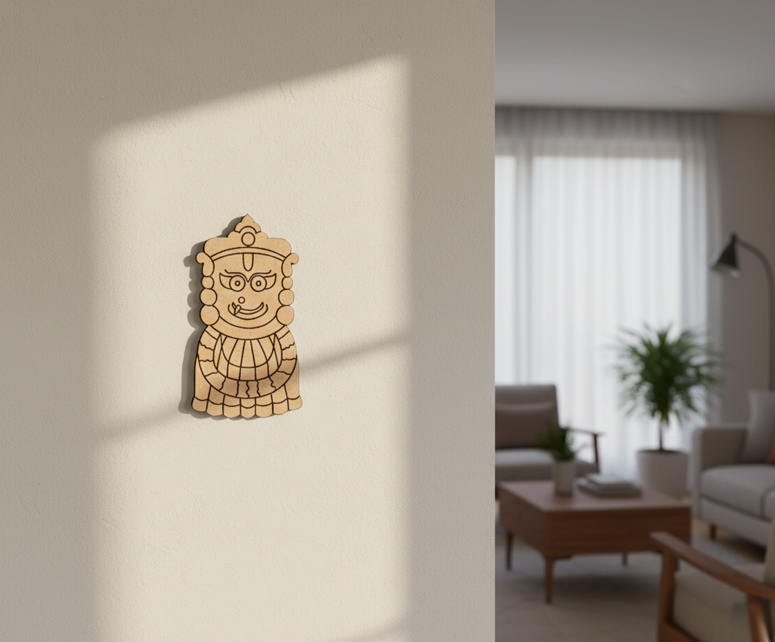 MDF DIY  wall art on a plain wall with a blurred living room in the background