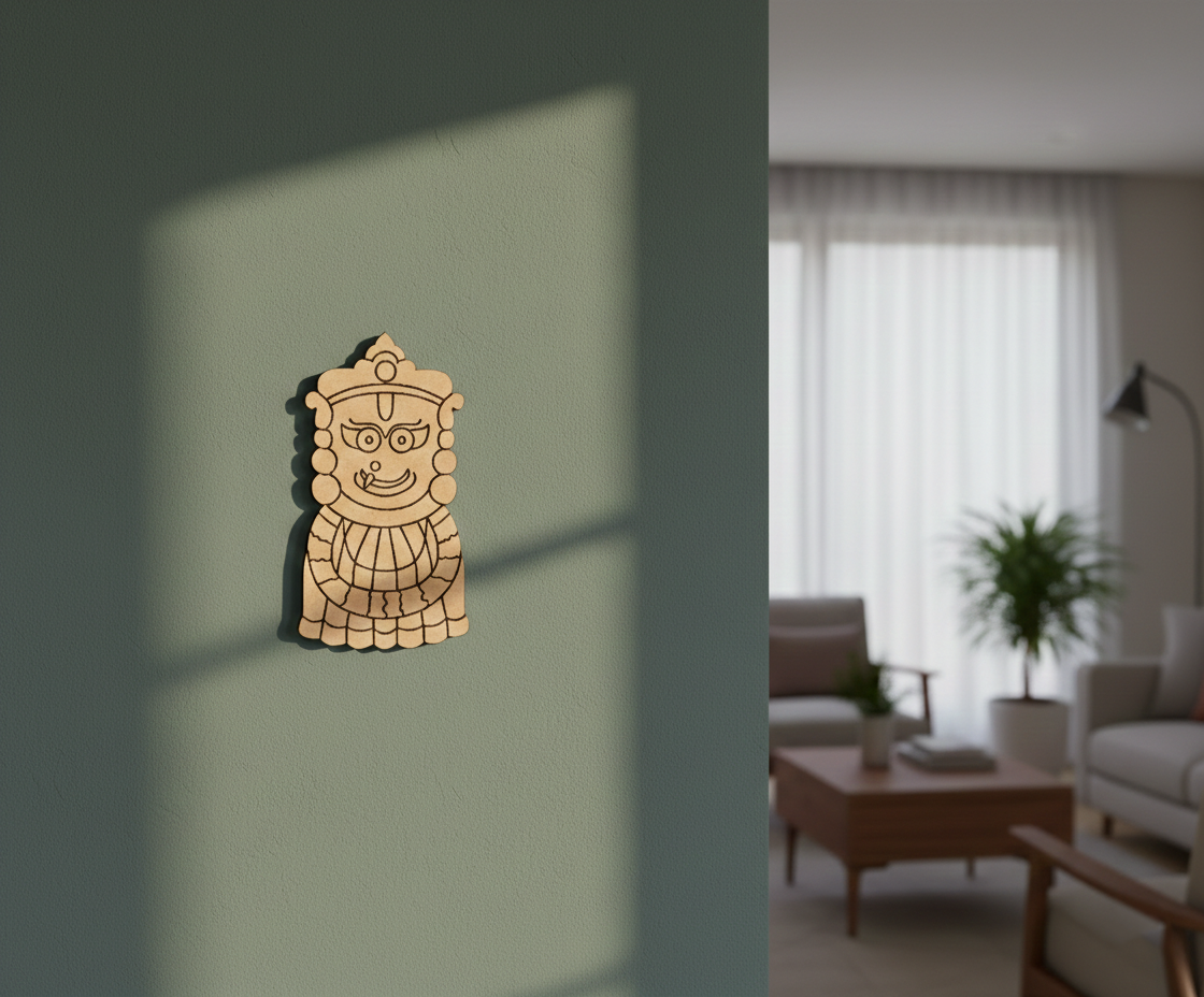 Decorative  MDF DIY wall art of a face with glasses on a light green wall, living room in the background