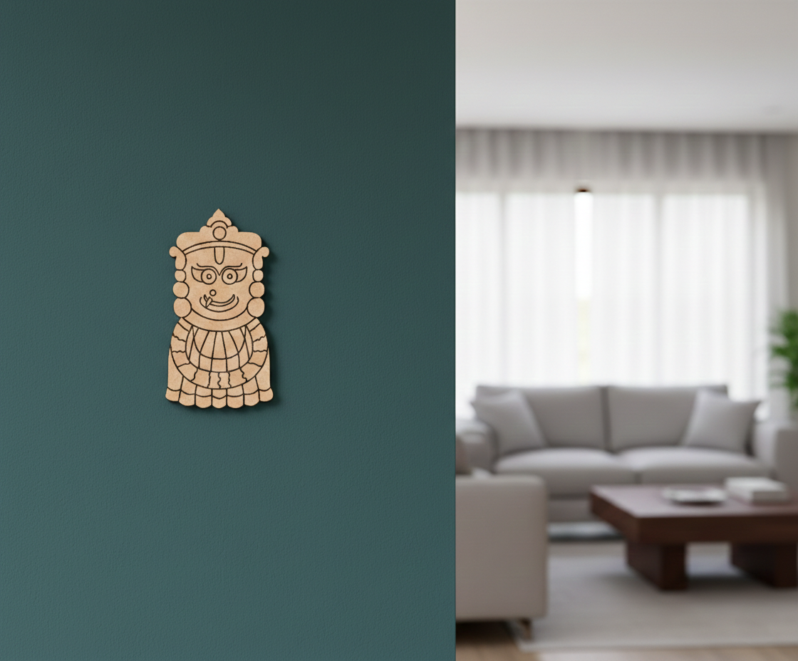  MDF DIY  wall art on a teal wall with a living room in the background