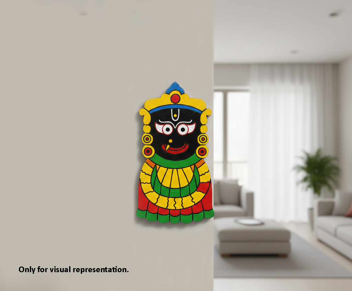 Decorative  MDF DIY wall art of a colorful face design on a plain wall with a blurred living room in the background.