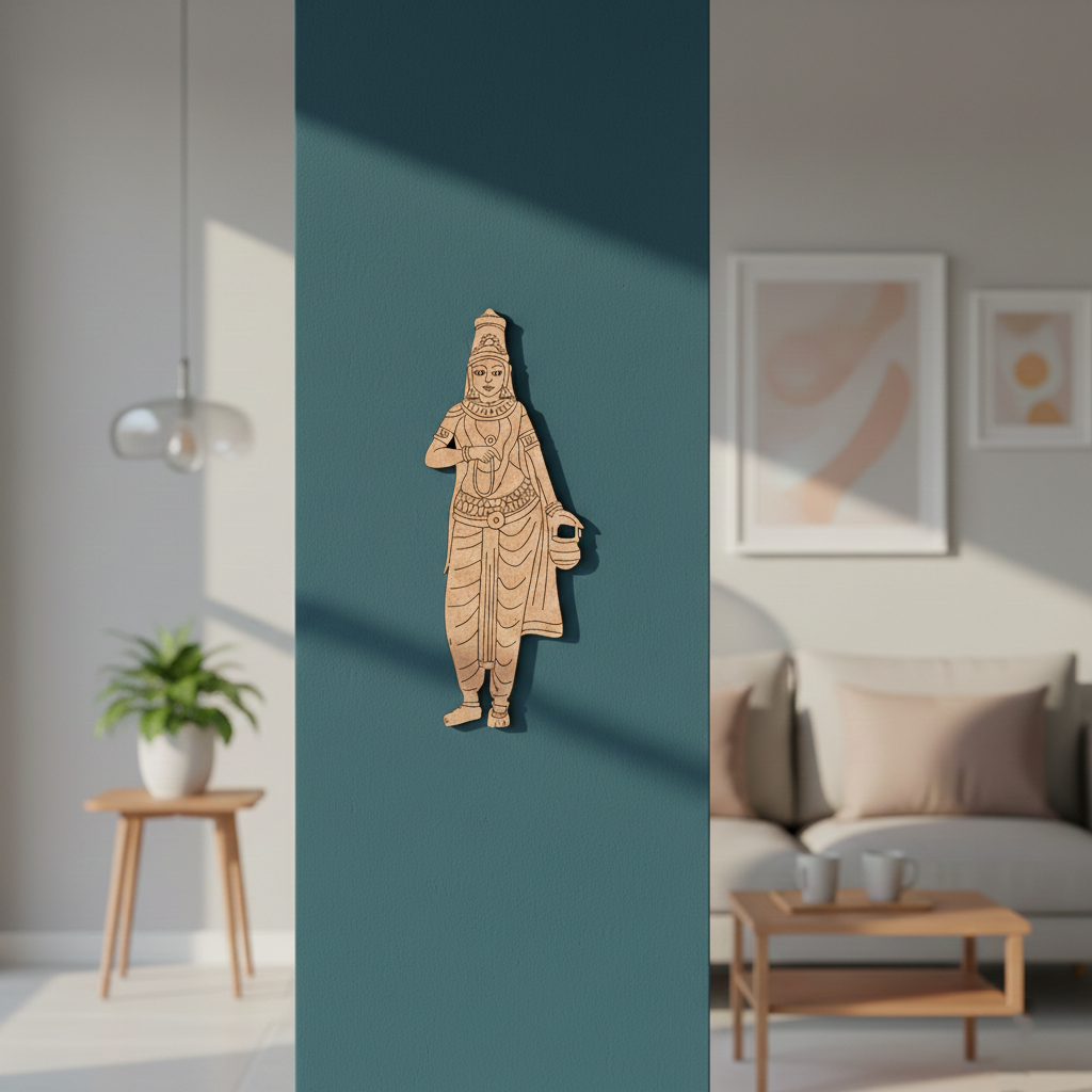 Decorative  MDF DIY  wall sculpture on a teal wall with a living room setting in the background.