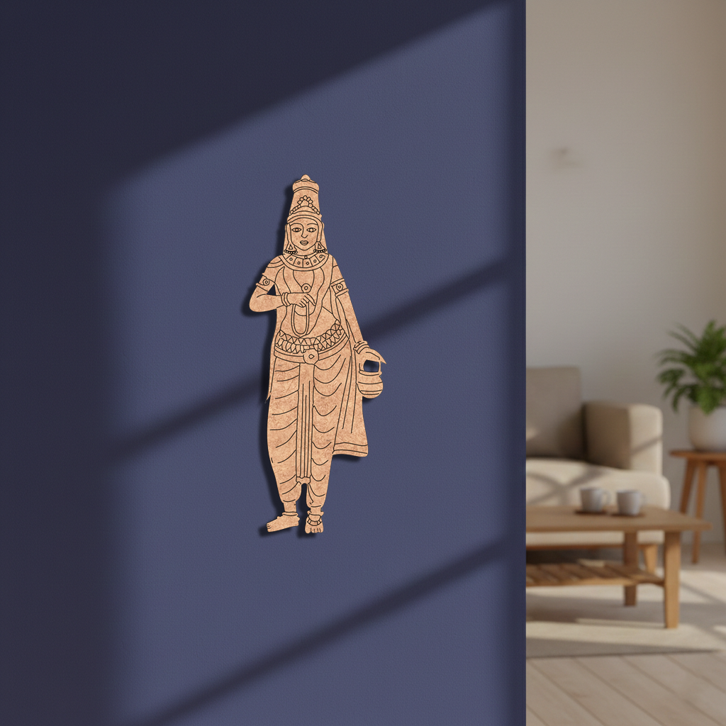Decorative  MDF DIY  wall sticker of a traditional figure on a blue wall with a living room in the background.