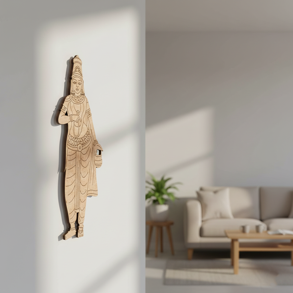  MDF DIY wall art  of a standing figure on a white wall with a blurred living room in the background