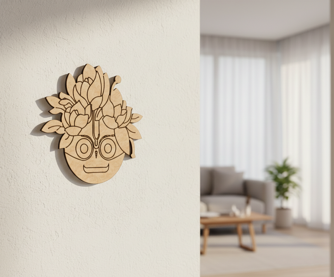  MDF DIY  wall art of a face with glasses and flowers on a wall in a living room.