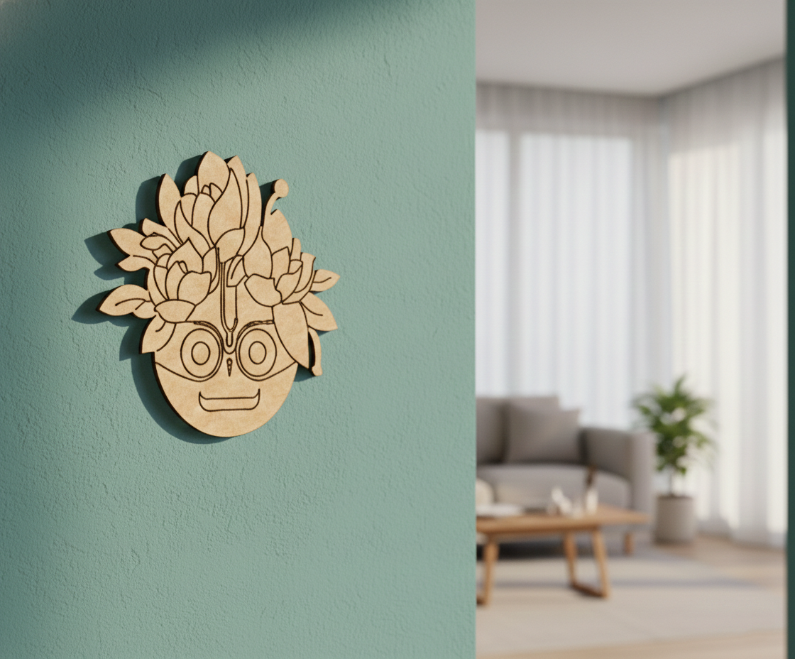 Decorative  MDF DIY wall art of a face with floral elements on a teal wall, with a living room in the background.