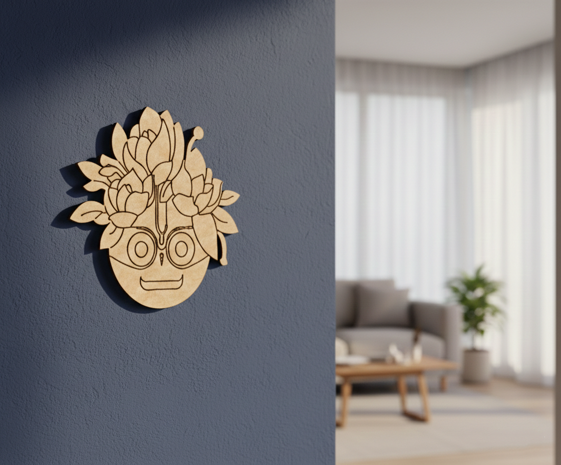 Decorative  MDF DIY  wall art of a stylized face with glasses on a dark blue wall in a living room.