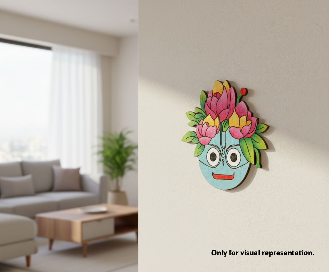 Decorative  MDF DIY  wall art with a floral design and cartoon face in a living room setting.