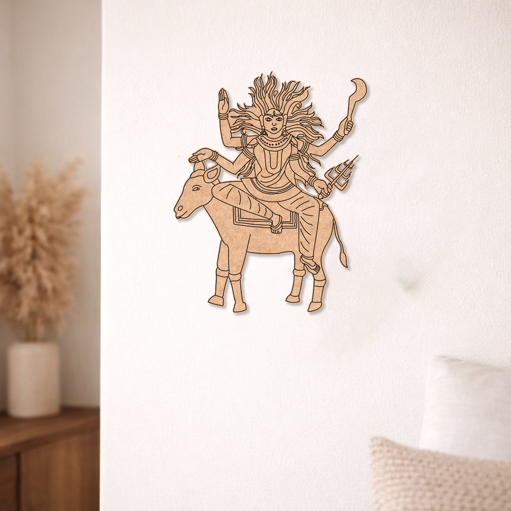  MDF DIY  wall art of a deity riding a bull on a white wall.
