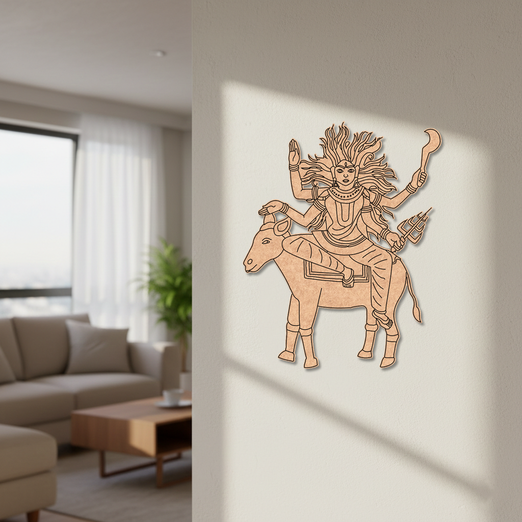 Decorative  MDF DIY  wall art of a deity riding a bull in a living room setting.