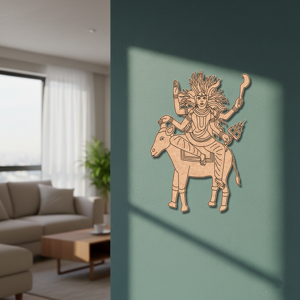 Decorative  MDF DIY  wall art of a mythical creature on a green wall with a living room in the background