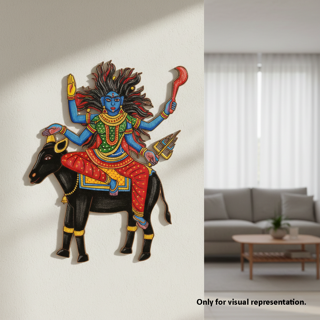 Decorative  MDF DIY wall art of a colorful figure on a bull in a living room setting.