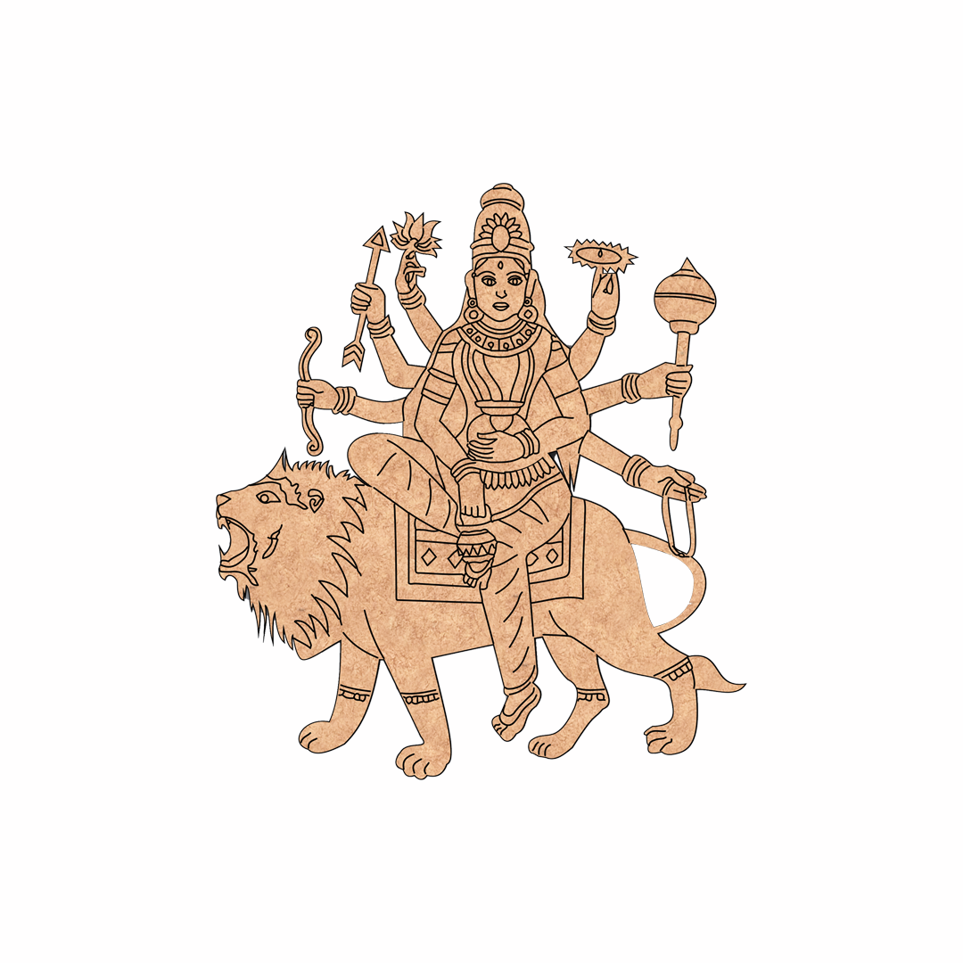  MDF DIY wall art of a multi-armed deity riding a lion on a white background