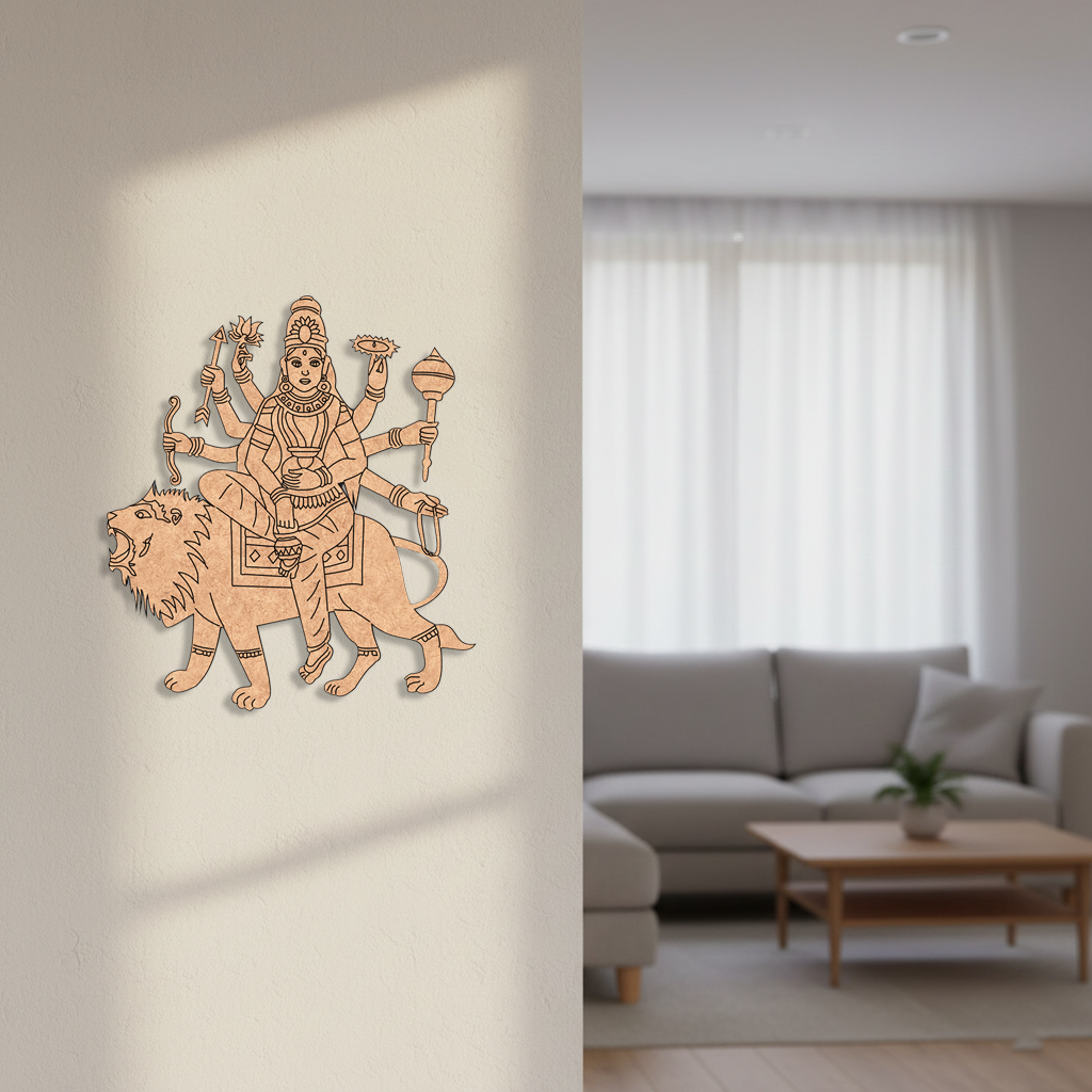 Decorative  MDF DIY  wall art of a lion and multiple-headed figure in a modern living room.