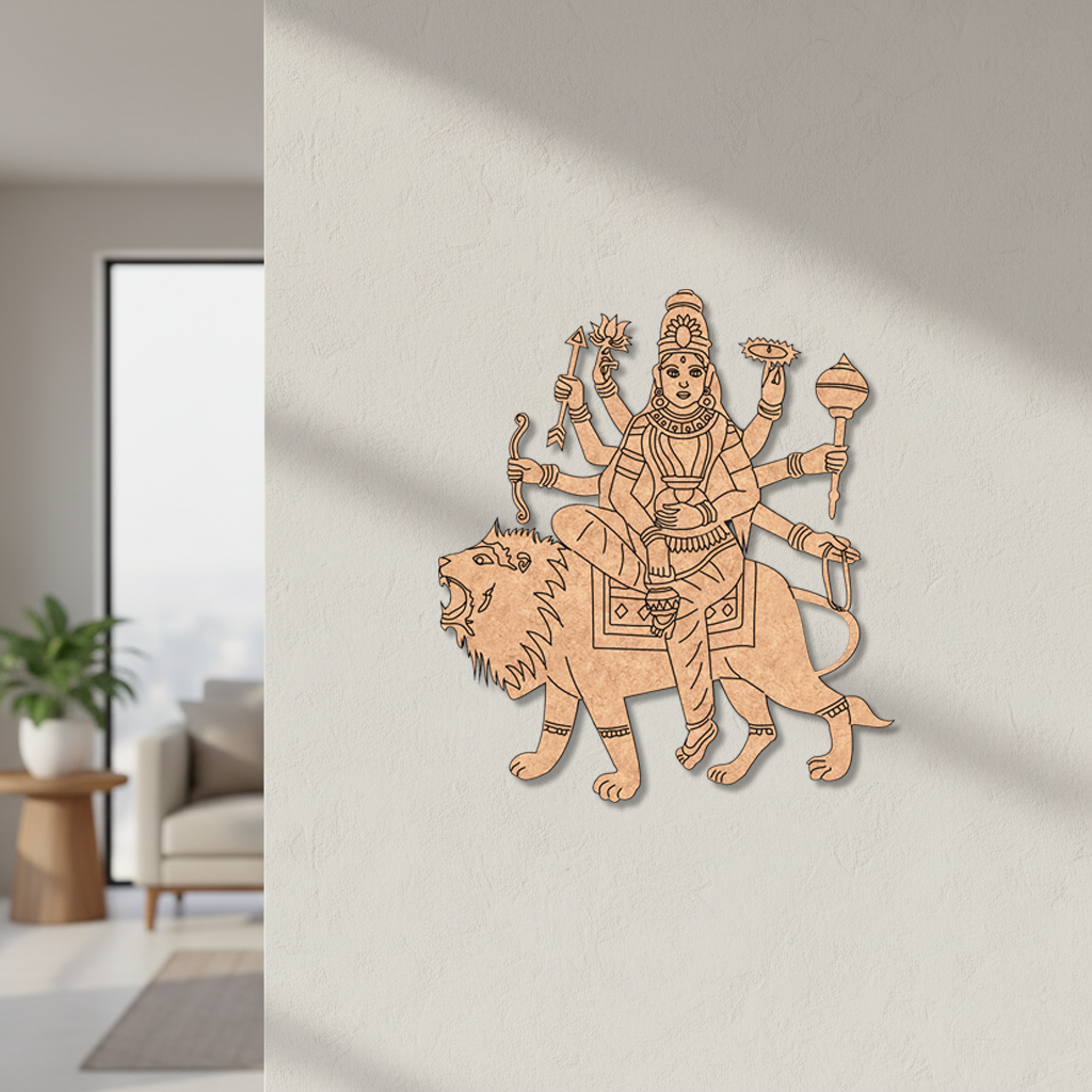 Decorative  MDF DIY  wall art of a lion and multiple-armed figure in a living room setting