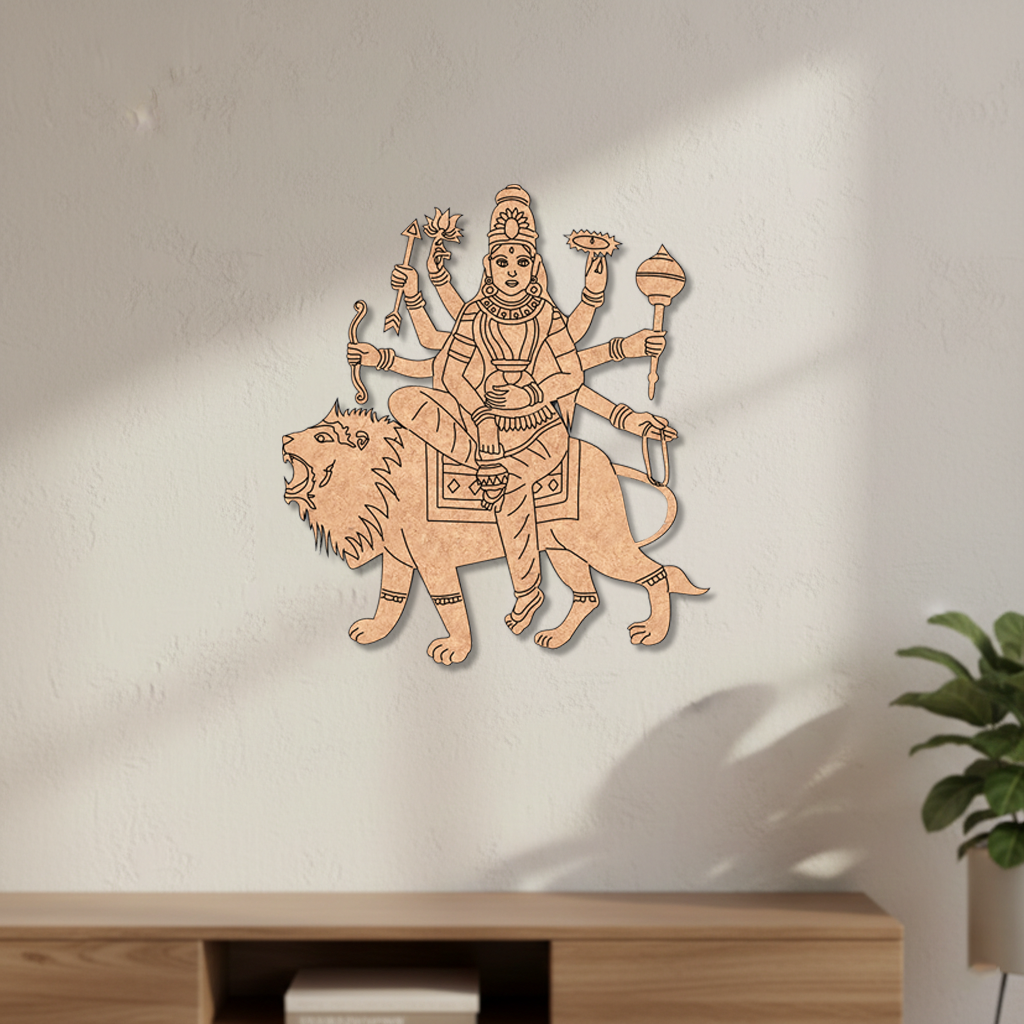  MDF DIY  wall art of a deity on a lion against a white wall with a plant in the corner.