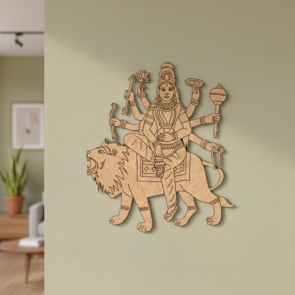  MDF DIY wall art of a multi-armed deity on a lion, mounted on a wall.