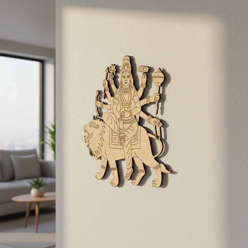 Decorative  MDF DIY  wall art of a multi-armed figure on a lion in a living room setting.