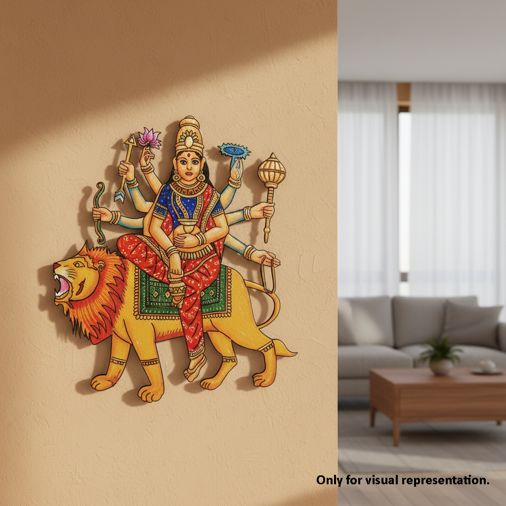 Decorative MDF DIY wall art of durga maa on a lion in a living room setting