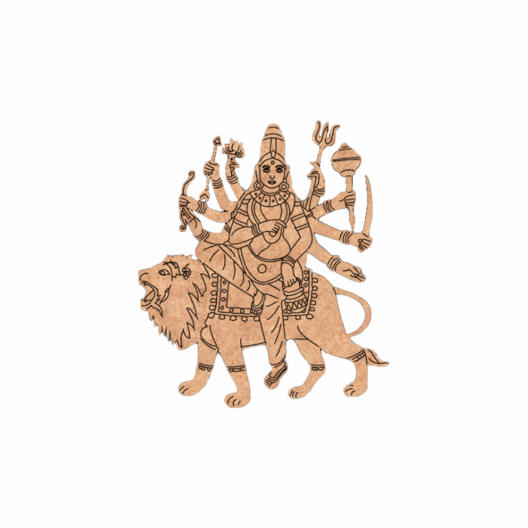 Decorative  MDF DIY  cutout of a multi-armed deity on a lion with intricate details.