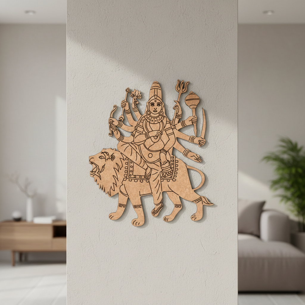  MDF DIY wall art of a deity on a lion in a modern living room.