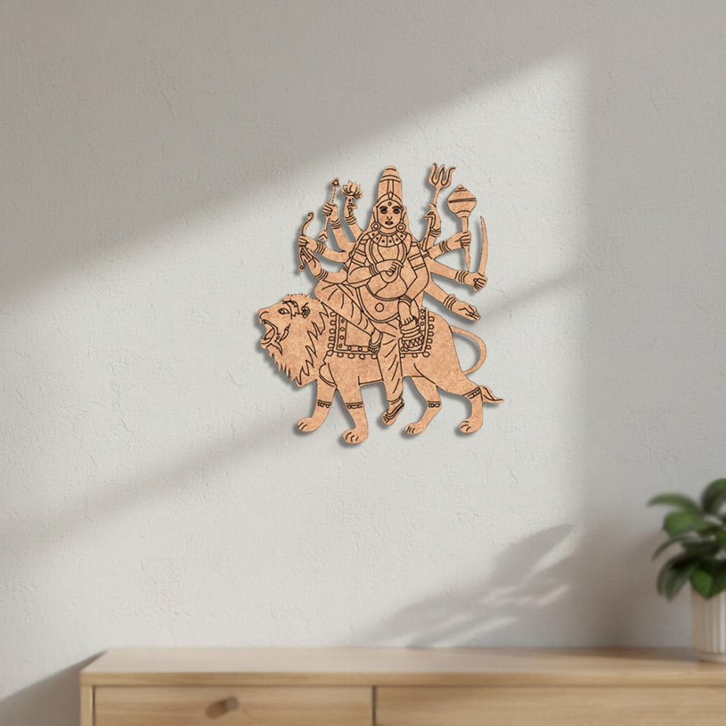 MDF DIY wall art of a deity on a lion against a white wall with a plant in the corner.