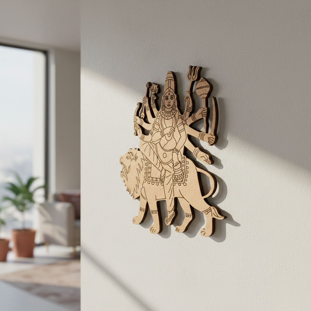  MDF DIY  wall art of a deity on a lion, mounted on a light gray wall.