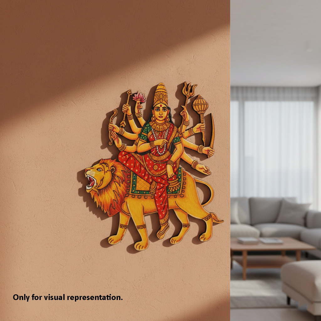 Decorative MDF DIY wall art of riding a lion on a beige wall, with a living room setting.